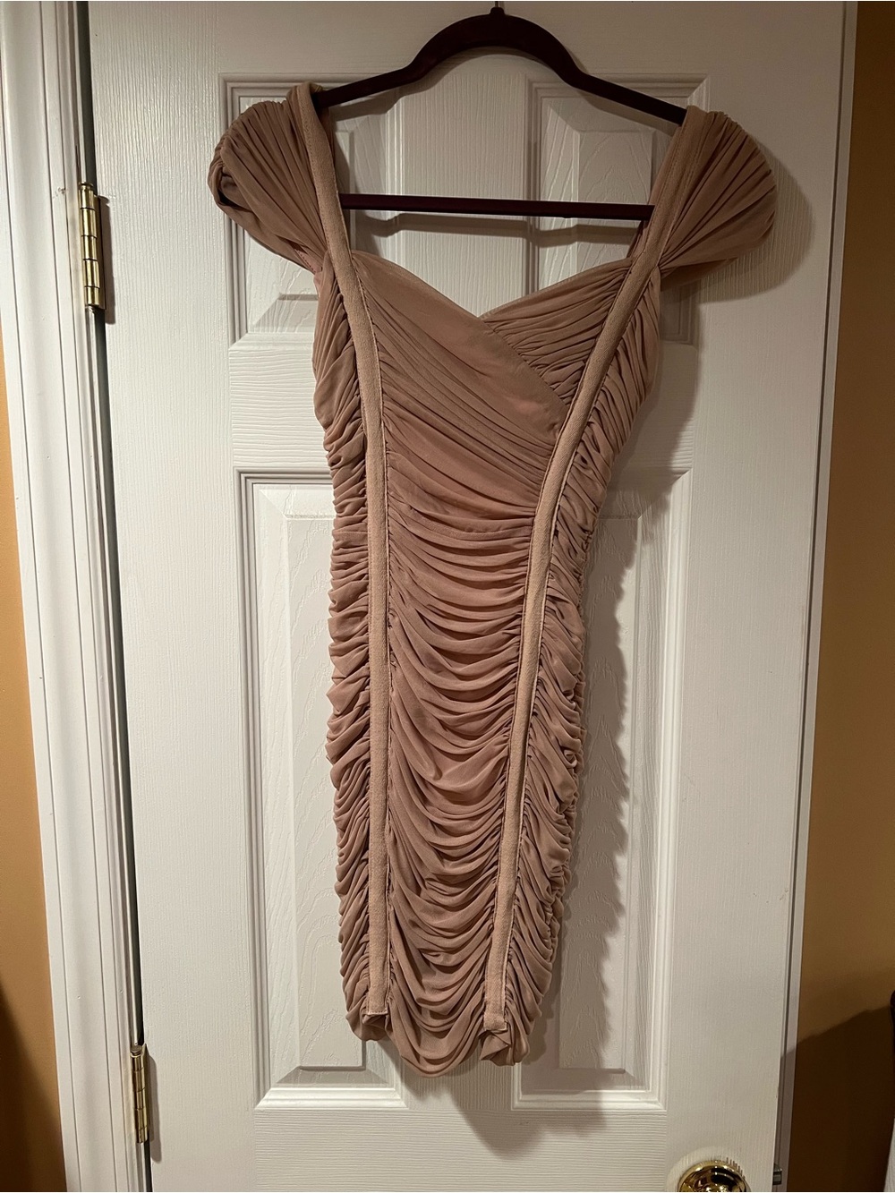Ruched Mini Dress in Nude - Elegant Off-Shoulder Style